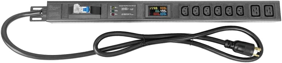 Multi Metered-Breaker-Surge Protection PDU, 240V, L6-30P, 30A, 7200watts, (6) C13 & (2) C19 Outlets, Crypto Mining, Data Center, 1U Racking, Network, Power Distribution Unit