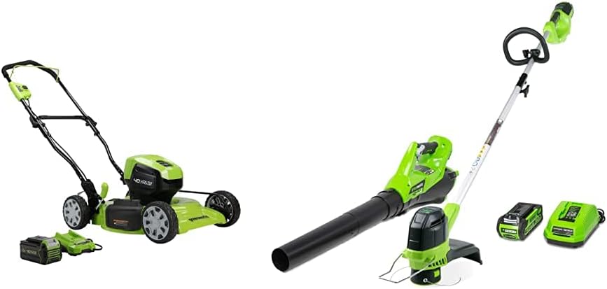 Greenworks 40V 19 Inch Brushless Cordless Push Mower, String Trimmer and Blower Combo Kit,Two Batteries and Two Chargers Included
