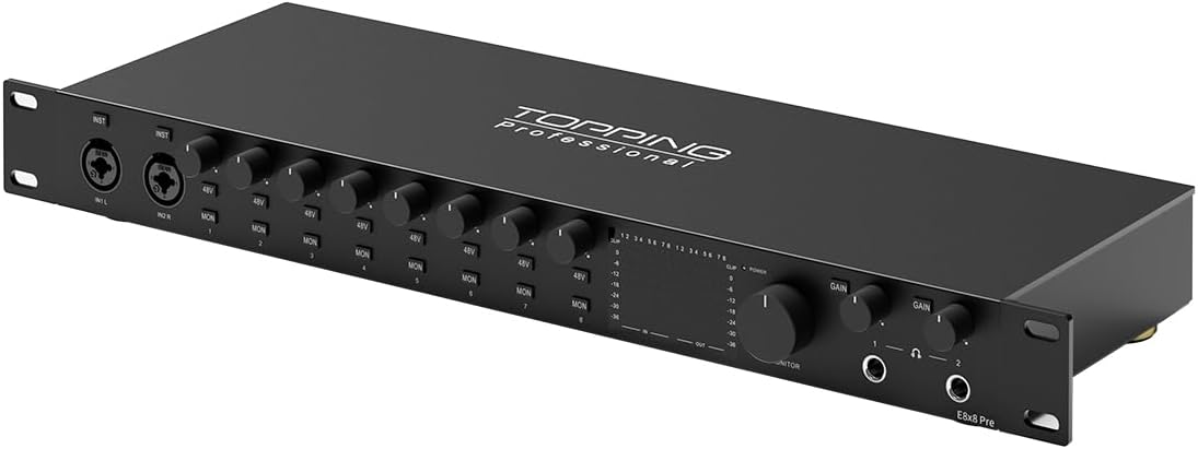 TOPPING E8x8 Pre Professional Audio Interface with 8 Ultra-Linear Mic Preamps, Dual Headphone Outputs & Zero-Latency Monitoring - High Dynamic Range & Precision Sound Control (E8X8 Pre-Black)