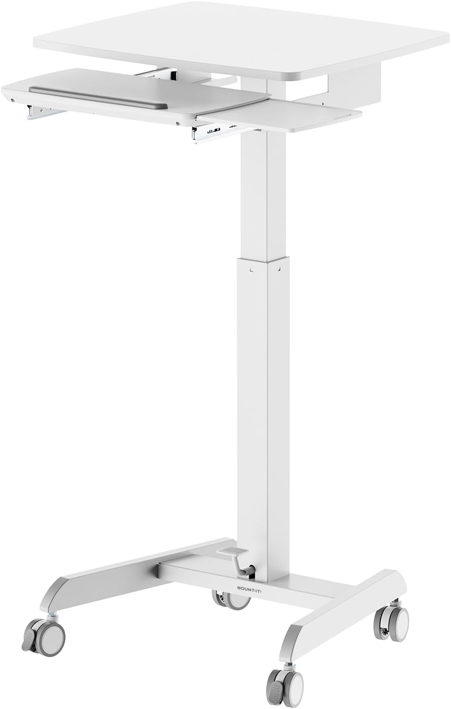 Mount-It! Height Adjustable Rolling Laptop Desk with Keyboard Tray, Mobile Sit-Stand Computer Cart with Wheels, Small Standing Desk for Home, Office, or Classroom, 23.6' x 20.5', White
