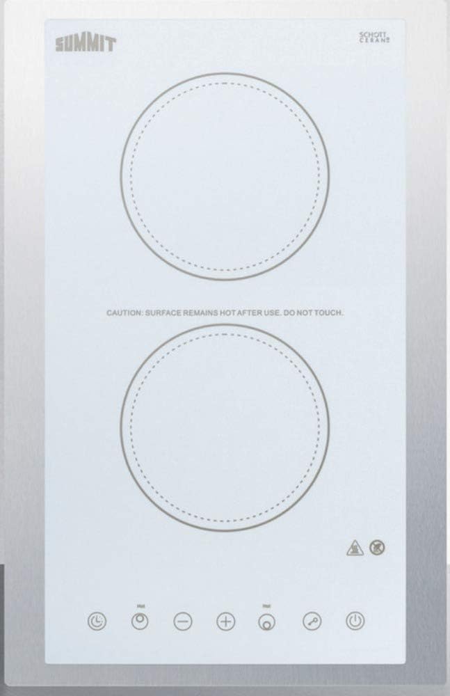 Summit Appliance CR2B15T2WTK15 115V 2-Burner Radiant Cooktop in White Ceramic Glass Surface with Digital Touch Controls & Stainless Steel Frame to Allow Installation in 15' Wide Counter Cutouts