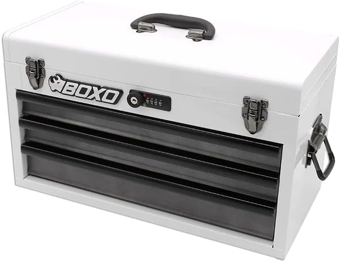 BOXO USA Heavy Duty Toolbox 103 Piece MotoBox Hand Carry Tool Box with Locking System for Motorcycle, Dirt Bike, Dual Sport (White)