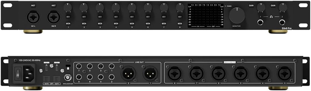 TOPPING E8x8 Pre Professional Audio Interface with 8 Ultra-Linear Mic Preamps, Dual Headphone Outputs & Zero-Latency Monitoring - High Dynamic Range & Precision Sound Control (E8X8 Pre-Black)