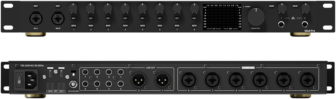 TOPPING E8x8 Pre Professional Audio Interface with 8 Ultra-Linear Mic Preamps, Dual Headphone Outputs & Zero-Latency Monitoring - High Dynamic Range & Precision Sound Control (E8X8 Pre-Black)