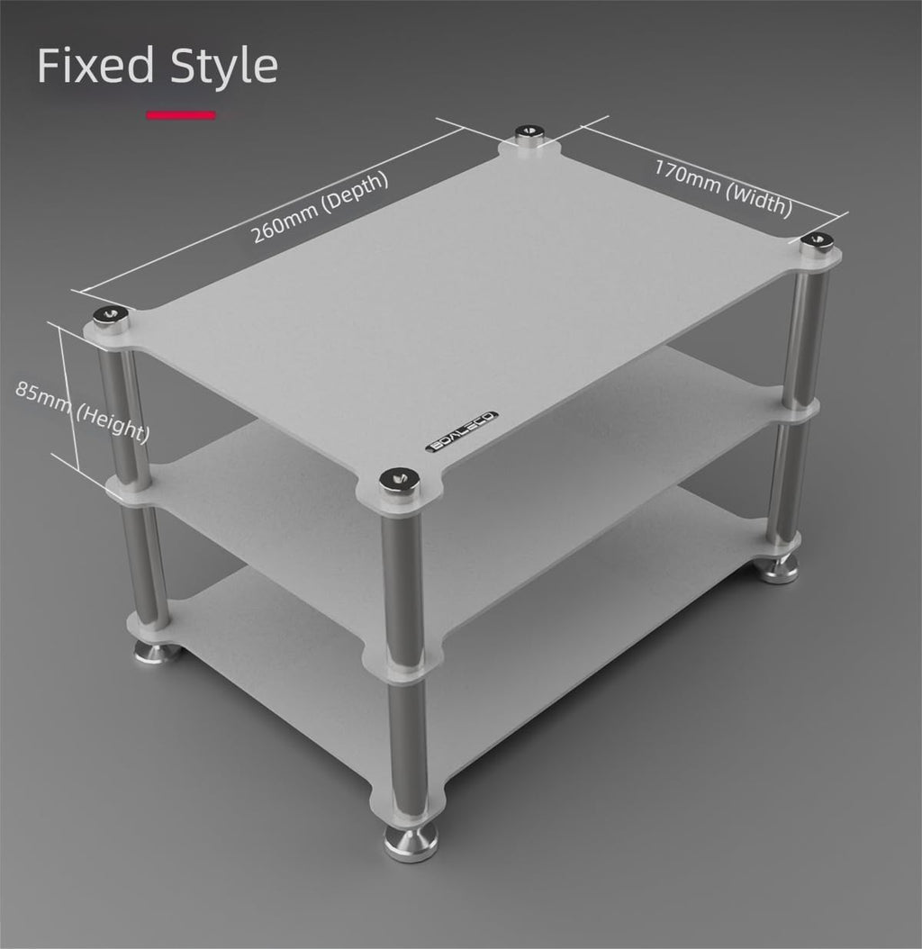 BOALECO FX2 Audiophile Audio Rack, 3-Tier Desktop HiFi Isolation Stand with Solid Aluminum Pillars, Modular Equipment Shelf for Amplifiers, DACs, and Preamps