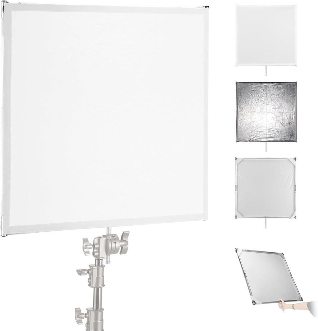 NEEWER Light Diffusion Panel Scrim Kit with Silver/White Reflector Film 30'x30' Foldable Frame with 5/8' Baby Pins Handle for C Stand 3 in 1 Diffuser for Studio Portrait Product Photography, SF7575F