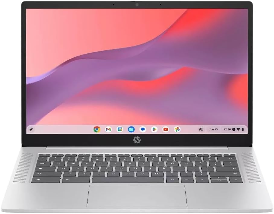 HP Chromebook 14a-nf0002tg 14 Inch Laptop HD 250-nits Intel Processor N100 Intel UHD Graphics 4 Cores 4GB LPDDR5 RAM 64GB eMMC ChromeOS Webcam 720p USB Type-C Fast Charge, Glacier Silver (Renewed)