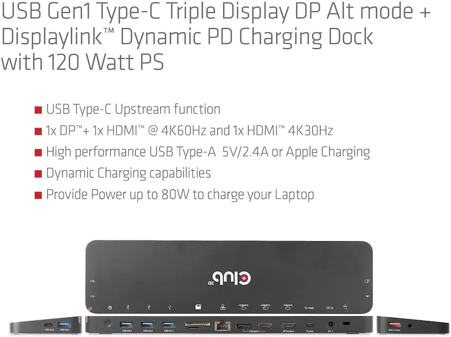 Club 3D CSV-1566 USB Gen1 Type-C Triple Display DP Alt Mode Displaylink Dynamic PD Charging Dock with 120 Watt PS