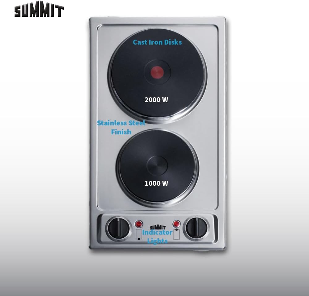 Summit 12' 2 Burner Electric Cooktop 230 Volt Solid Disk Cooktop, ADA compliant, Stainless Steel, Cast Iron- CSD2B230