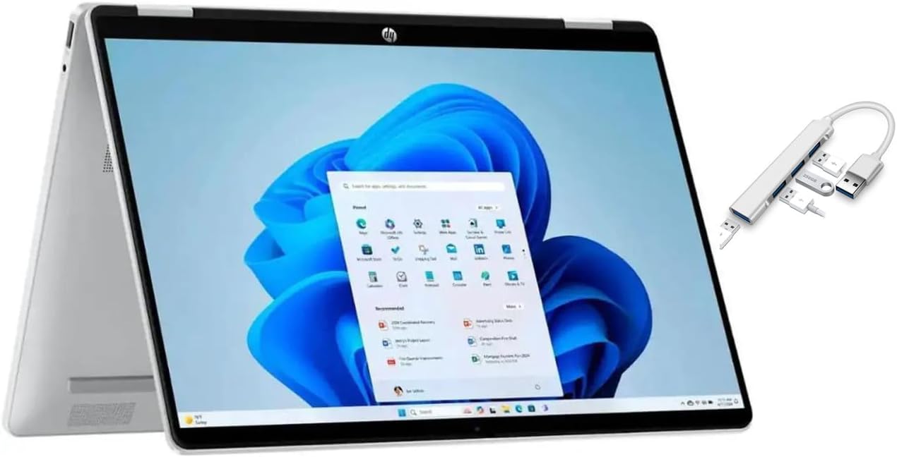 HP OmniBook 5 Flip 2-in-1 14' Full HD+ Touch-Screen Laptop | Intel Core 5 120U|Intel Graphics| Copilot | Webcam| Silver | 8GB RAM DDR5 | 512GB SSD |Windows 11 Home |Bundle with USB 3.0 Hub