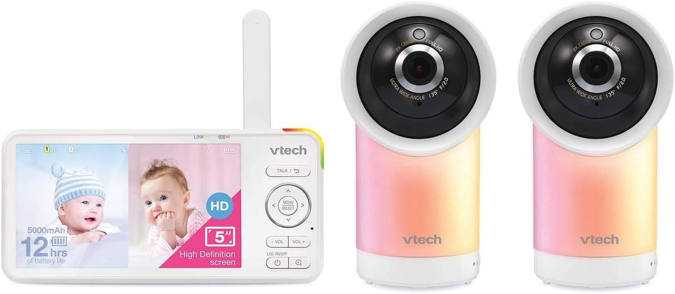 VTech RM5766-2HD RM57662HD Smart Wi-Fi 1080p 2-Camera 360°-Pan-and-Tilt Video Baby Monitor System with 5-in. Display, Night-Light, and Remote Access, White