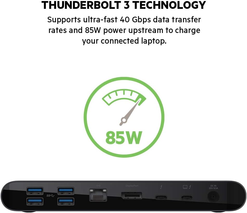 Belkin Thunderbolt 3 Dock Pro w/ Thunderbolt 3 Cable - USB-C Hub - USB-C Docking Station for MacOS & Windows, Dual 4K @60Hz, 40Gbps Transfer Speed, 85W Upstream Charging, w/ Ethernet, SD & Audio Ports