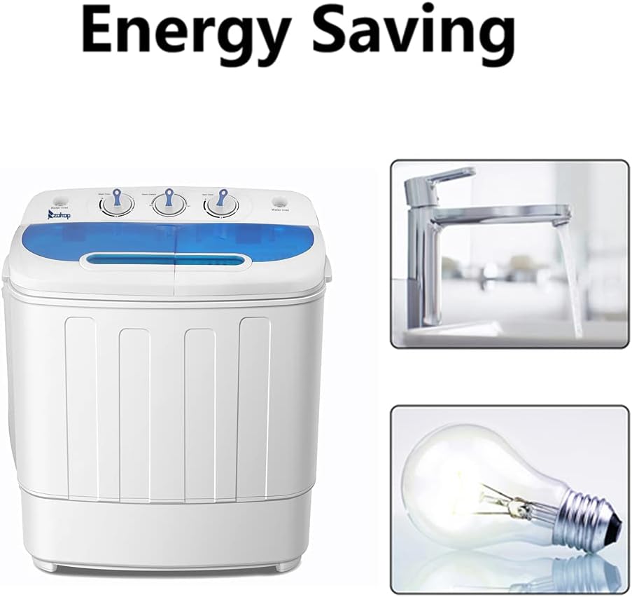 2IN1 Mini Portable Compact Washing Machine 13lbs Capacity Twin Tub Washer Spinner Cycle Combo, Timer Control, Drain and Inlet Water Hose for Apartment, Camping, Dorms and RV