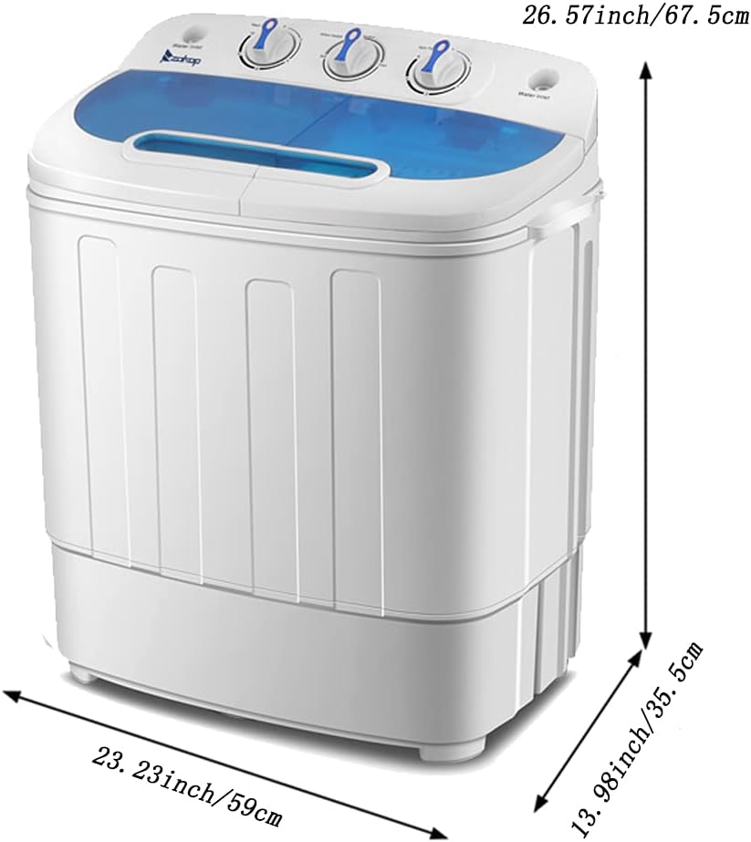 2IN1 Mini Portable Compact Washing Machine 13lbs Capacity Twin Tub Washer Spinner Cycle Combo, Timer Control, Drain and Inlet Water Hose for Apartment, Camping, Dorms and RV