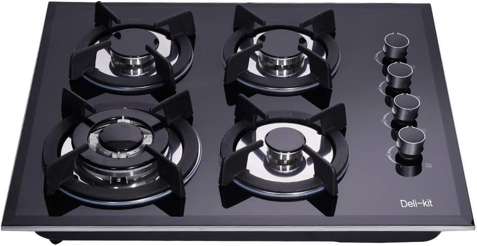 Deli-kit® 24 inch Gas Cooktop Dual Fuel Sealed 4 Burners Tempered Glass Gas Cooktop Drop-in Gas Hob DK145-A01S Gas Cooker