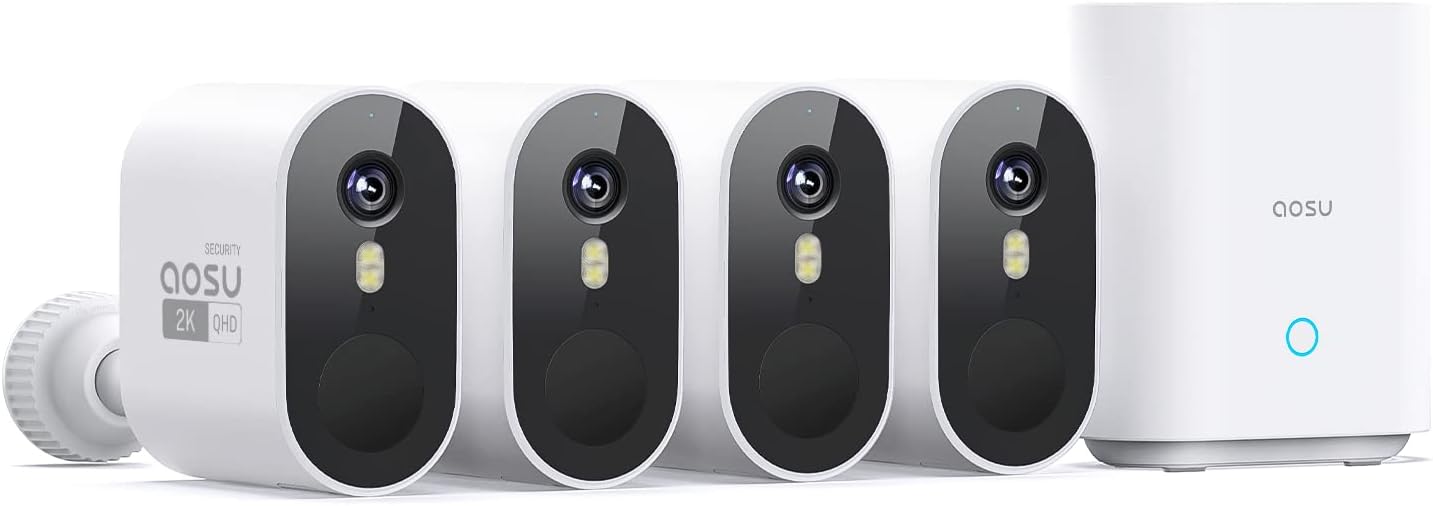 aosu Security Cameras Outdoor Wireless, 4-Cam-Kit, 166° Ultra-Wide-Angle, Battery Powered, No Subscription Required, Home Security Cameras System with 2K Color Night Vision, Spotlight, Motion Alert