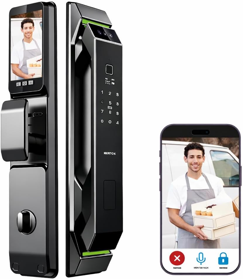 Smart Door Lock with Camera: 3D Face Recognition, Palm Vein, Video Intercom with 1080p HD Camera, Motion Detection, Keyless Entry, Fingerprint, Passcode, IC Card, Doorbell, Tuya App, Supports Alexa