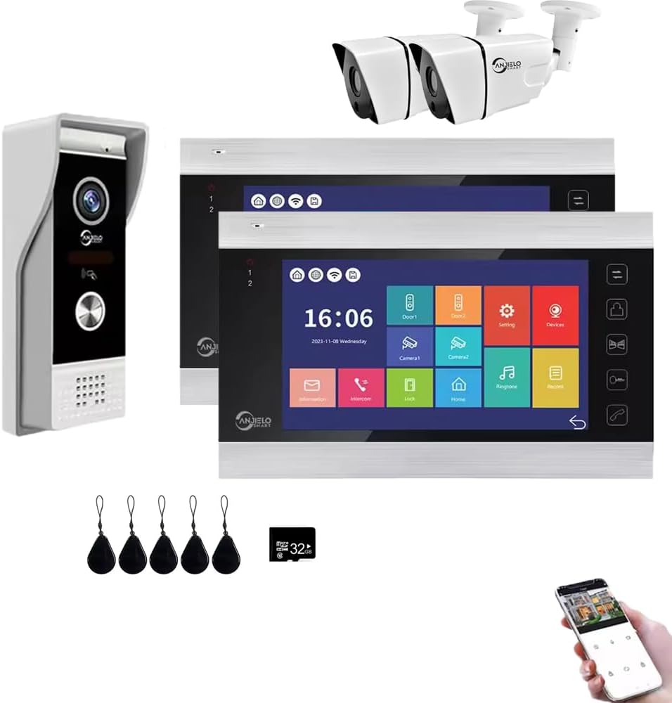 Wired Video Apartment Doorbell Intercom,1080P HD Touch Screen Monitor with Camera,7 Inch Ring Video Doorbell,TUYA WiFi Smart Home Video Intercom,Night Vision,Two-Way Audio (2 Monitor+1 Bell+2 Camera)