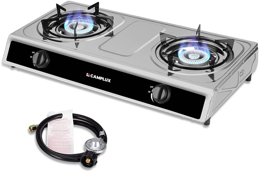 CAMPLUX 2 Burner Propane Camping Gas Stove for Outdoor Cooking, 19,600 BTU Portable Double Burner Propane Cooktop Stainless Steel with Auto Ignition, Estufa de Gas Portatil, for Patio, Camping, BBQ