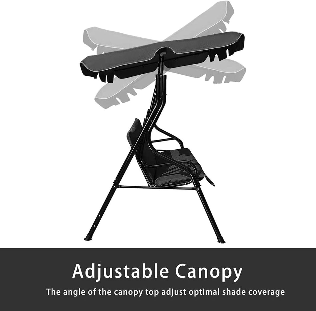 3-Seater Canopy Swing Chair, Waterproof Outdoor Swing Cushioned Seat with Adjustable & Removable Canopy, Steel Frame Polyester Fabric Oxford Cloth Patio Hammock Cover Top (Black)