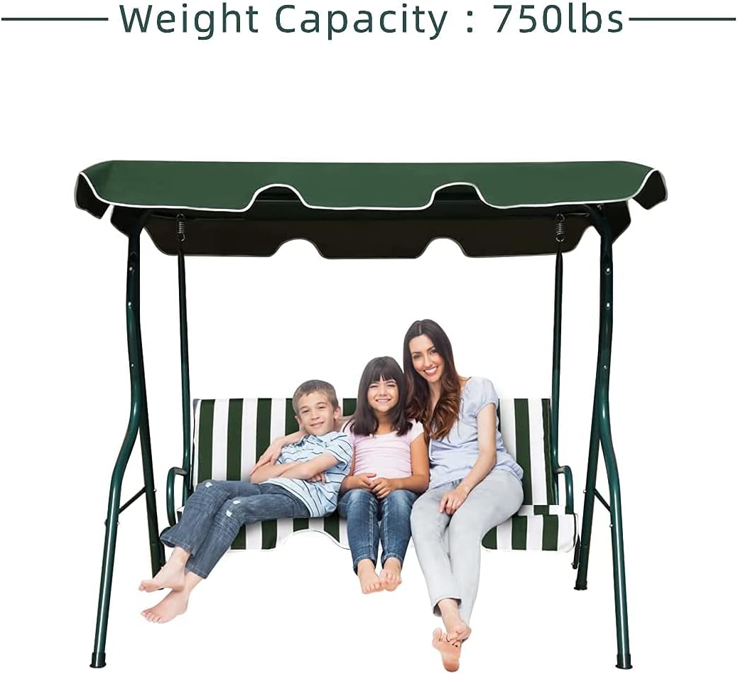3-Seater Canopy Swing Chair, Waterproof Outdoor Swing Cushioned Seat with Adjustable & Removable Canopy, Steel Frame Polyester Fabric Oxford Cloth Patio Hammock Cover Top (Green)