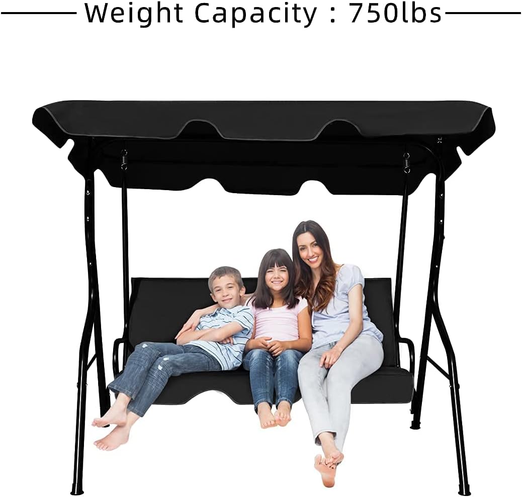 3-Seater Canopy Swing Chair, Waterproof Outdoor Swing Cushioned Seat with Adjustable & Removable Canopy, Steel Frame Polyester Fabric Oxford Cloth Patio Hammock Cover Top (Black)