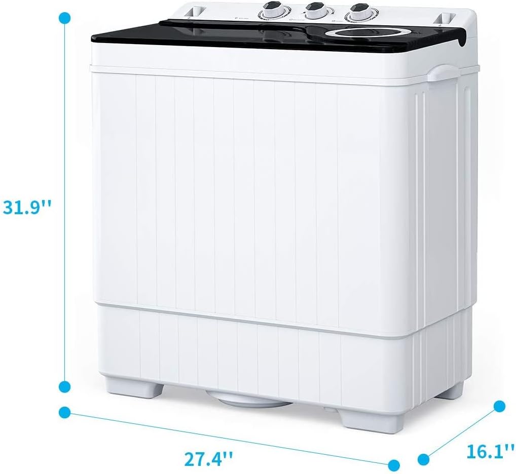 Compact Twin Tub Portable Mini Washing Machine 26lbs Capacity, Washer(18lbs)&Spiner(8lbs)/Built-in Drain Pump/Semi-Automatic (White&Black)