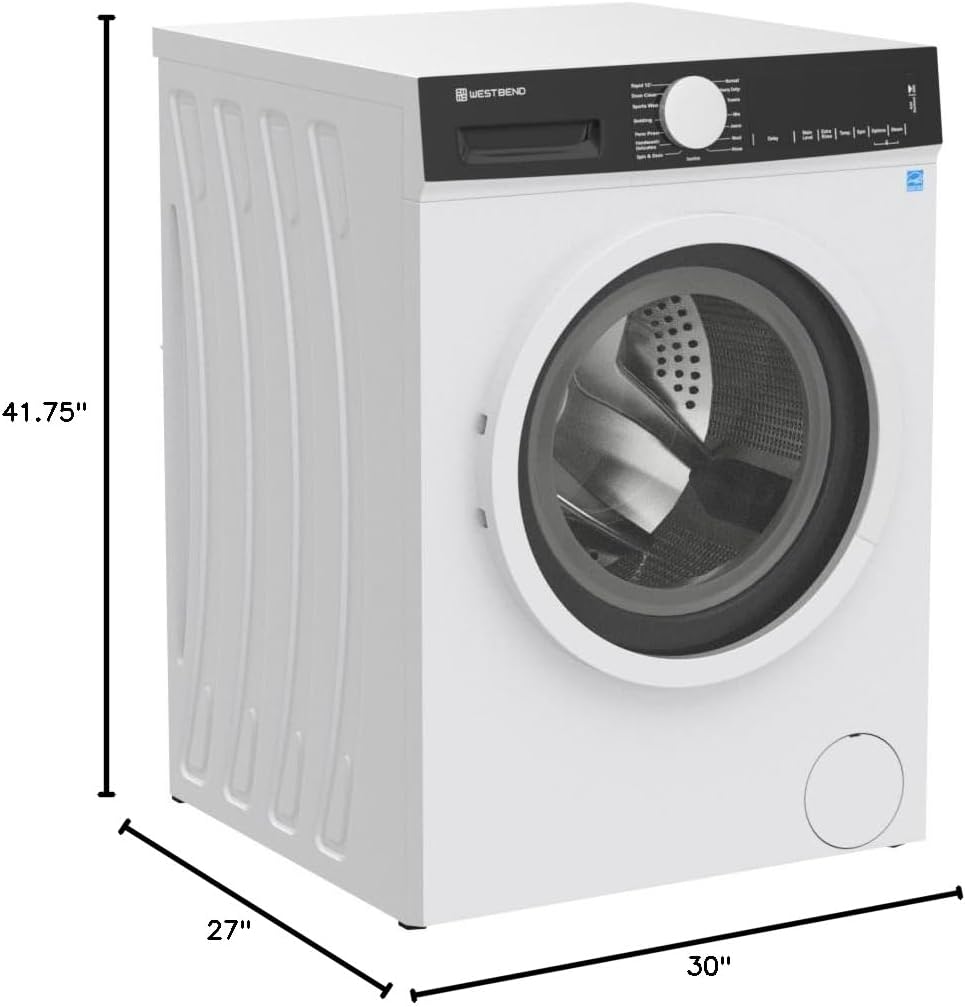West Bend Washer Compact Front Load Washing Machine with 15 Wash Cycles, LED Display, See-Through Door, Stackable and Space-Saving Design, for Apartments, RVs, and Small Spaces, 2.2 Cu.Ft., White