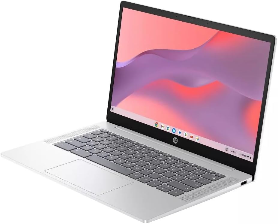 HP Chromebook 14a-nf0002tg 14 Inch Laptop HD 250-nits Intel Processor N100 Intel UHD Graphics 4 Cores 4GB LPDDR5 RAM 64GB eMMC ChromeOS Webcam 720p USB Type-C Fast Charge, Glacier Silver (Renewed)