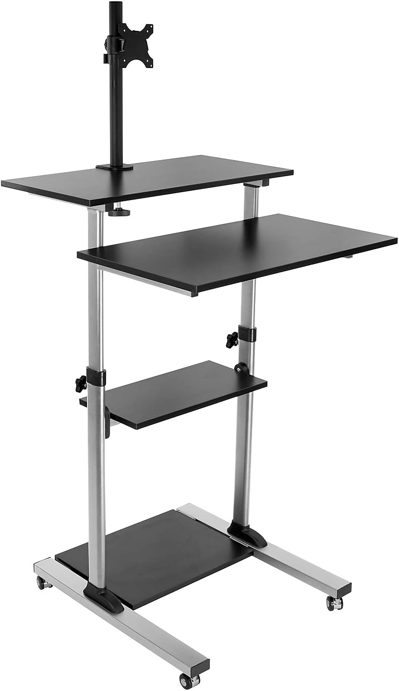 Mount-It! Mobile Computer Cart with Monitor Mount for Screen up to 32', Portable Desk on Wheels, Rolling Laptop Stand Teachers, Office, Classroom, Rise up to 53', Projector, Podium, Keyboard Tray