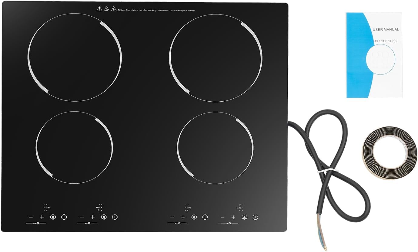 4 Burners Electric Cooktop 23' Built-in & Countertop Stove Electric Stove Top with Child Safety Lock, Timer, Touch Sensor Control,9 Heating Level, 110V Ceramic Cooktop for Hard Wire