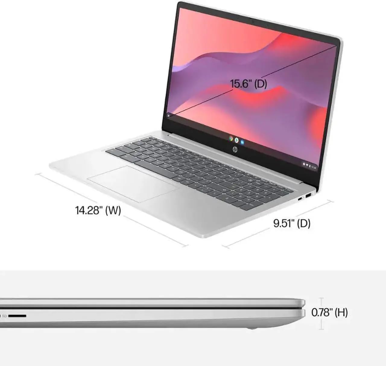 HP 15.6' HD Chromebook Laptop |Intel Processor N200|Intel UHD Graphics| WiFi| Webcam| Silver | 8GB RAM DDR5 | 64GB SSD |Chrome OS |Bundle with USB 3.0 Hub