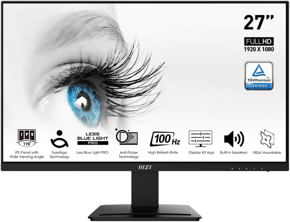 msi Pro MP273A, 27' Monitor, 1920 x 1080 (FHD), IPS, 100Hz, TUV Certified Eyesight Protection, 4ms, Displayport, HDMI, Tilt, Black