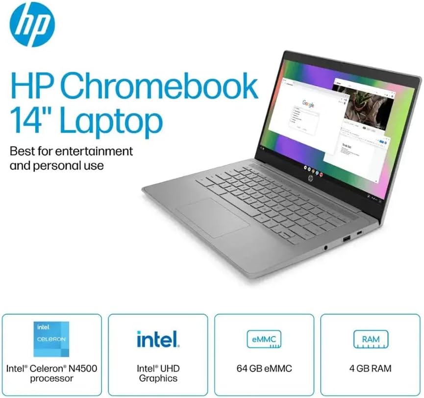 HP Chromebook 14'' HD Laptop, Student and Business Laptop, Intel Celeron N4500, 4GB RAM, 64GB eMMC, Long Battery Life, Fast Charge, Chrome OS, Gray, 14a-ne1013dx (Renewed)