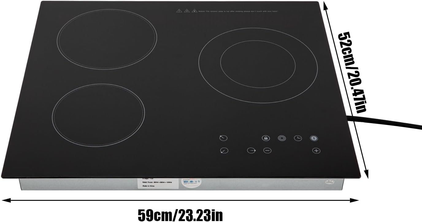 Electric Ceramic Cooktop 110V Built-in Electric Stove Top Induction Radiant Cooktop Sensor Touch Control 2/3/4 Burners 9 Power Levels, 120 Min Timer for Home All Cookware (3 Burners)