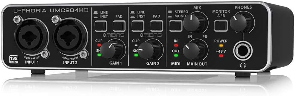 Behringer UMC204HD Audiophile 2x4, 24-Bit/192 kHz USB Audio/MIDI Interface with Midas Mic Preamplifiers | For Recording Microphones and Instruments