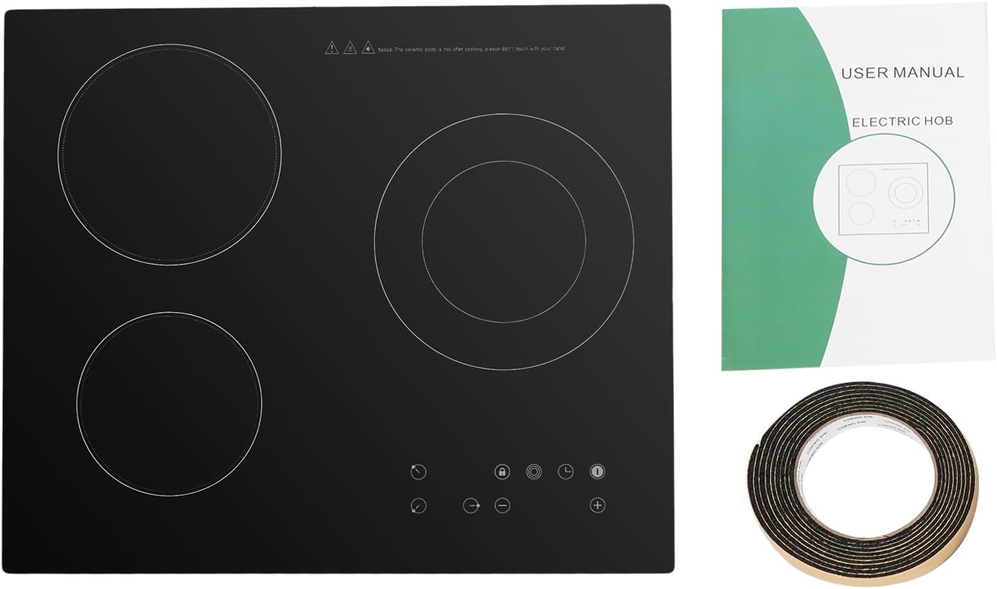 3-Burner Ceramic Cooktop, 24 Inch 2600w 110v Built-In Electric Stove Top Radiant Ceramic Stovetop Sensor Touch Control Countertop Electric Hot Plate w/Anti-Slip Foot Mats for Kitchens Cabins Offices
