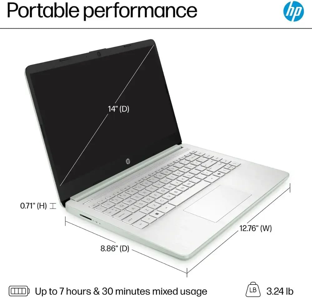 HP Ultra Thin 14' Laptop with Copilot, Intel N150, 8GB RAM, 384GB(128GB eMMC+256GB SD Card) • HUB • Mouse, Windows 11 Pro, 1-Year Office 365, Lightweight Green Notebook for Work & School