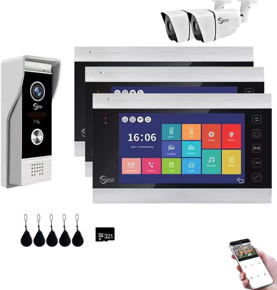 Wired Video Apartment Doorbell Intercom,1080P HD Touch Screen Monitor with Camera,7 Inch Ring Video Doorbell,TUYA WiFi Smart Home Video Intercom,Night Vision,Two-Way Audio (3 Monitor+1 Bell+2 Camera)