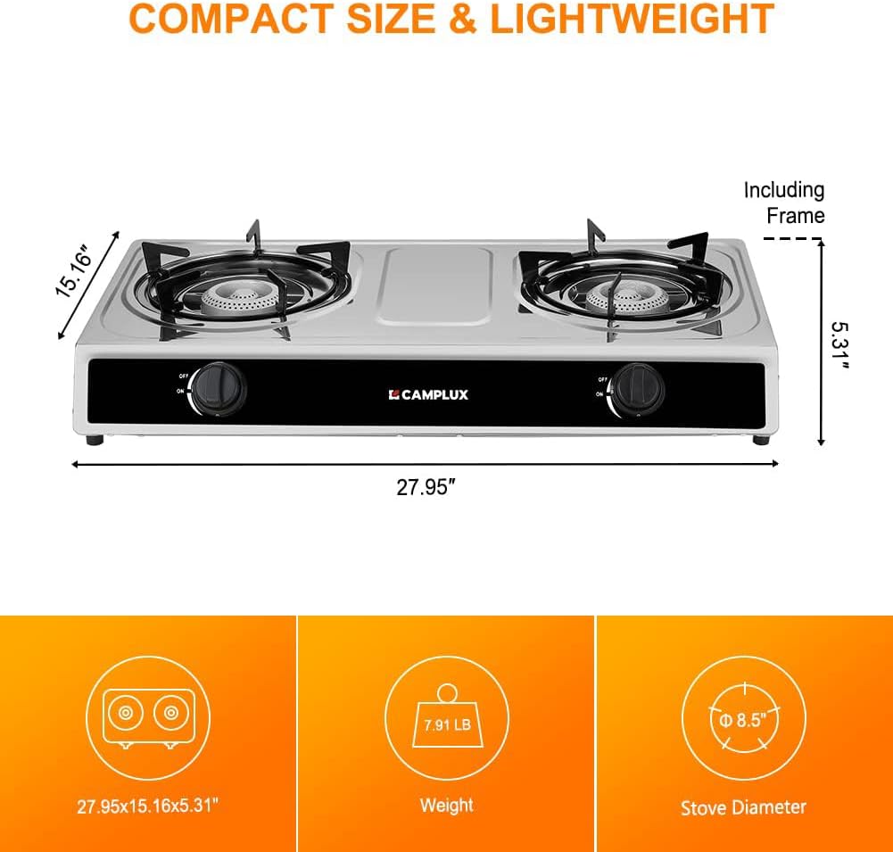 CAMPLUX 2 Burner Propane Camping Gas Stove for Outdoor Cooking, 19,600 BTU Portable Double Burner Propane Cooktop Stainless Steel with Auto Ignition, Estufa de Gas Portatil, for Patio, Camping, BBQ