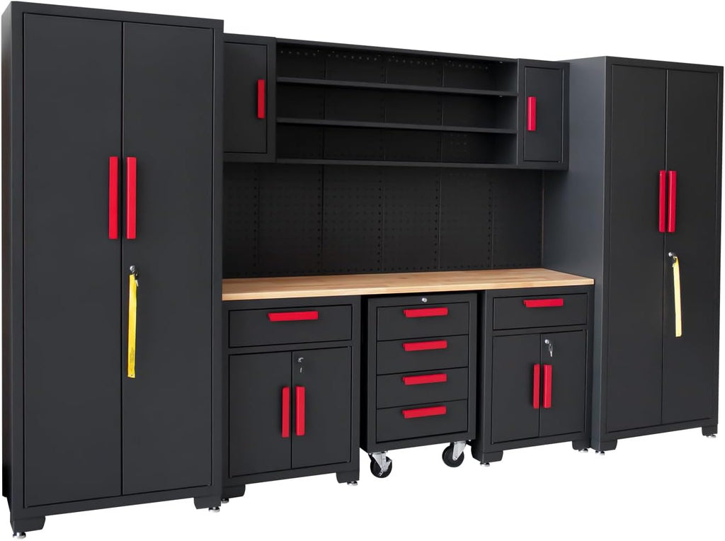 Garage Cabinet Storage System - 9-Piece Workshop Set w/Steel Cabinets & Workbench Includes Rolling Chest & Pegboard Heavy-Duty Black & Red Tool Organization for Garage/Workshop