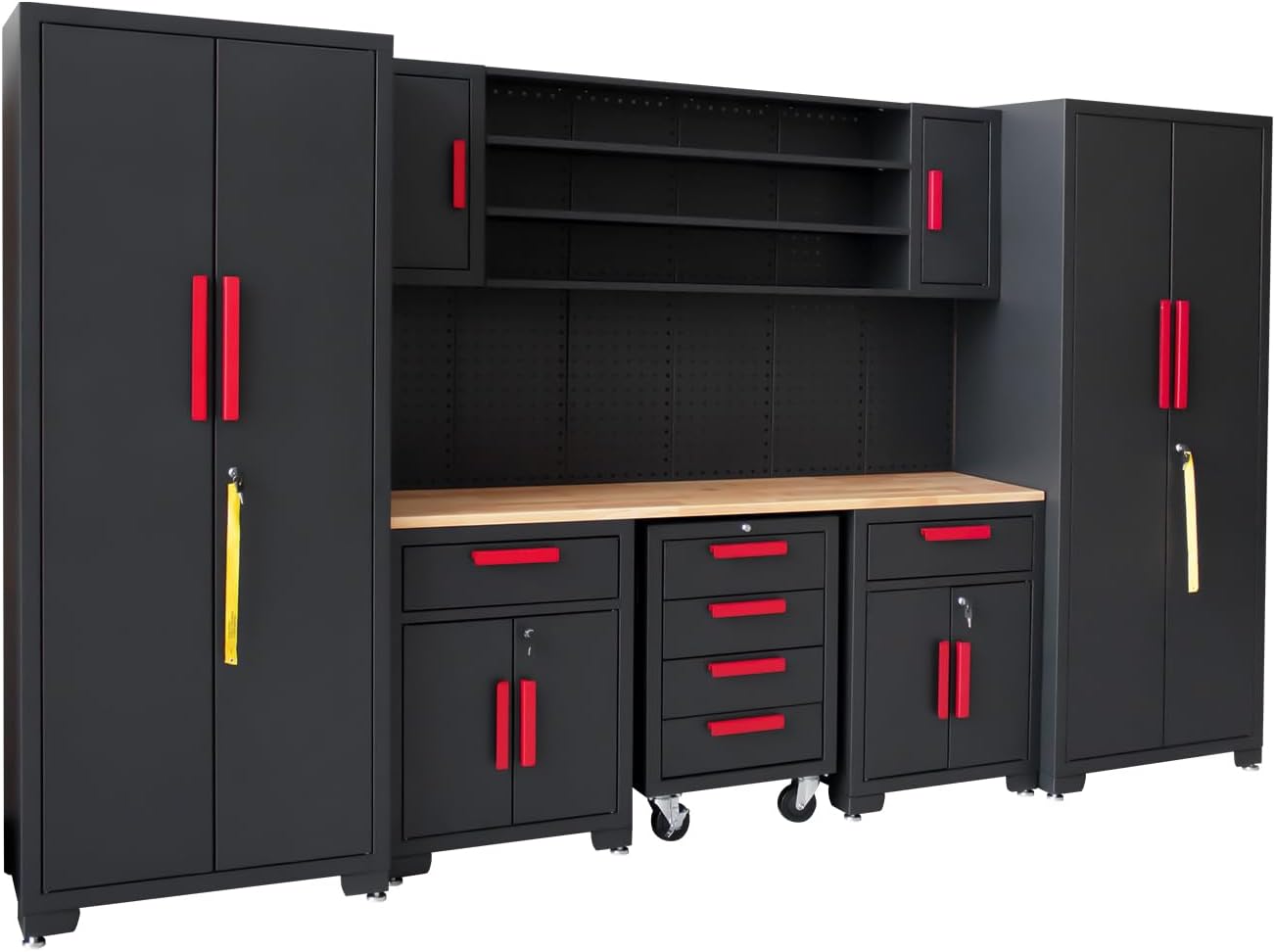 Garage Cabinet Storage System - 9-Piece Workshop Set w/Steel Cabinets & Workbench Includes Rolling Chest & Pegboard Heavy-Duty Black & Red Tool Organization for Garage/Workshop
