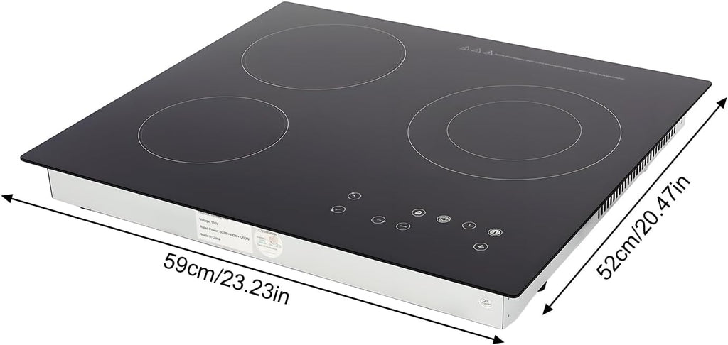 3 Burners Electric Cooktop, 110v 2600W Plug in Ceramic Cooktop, 23.3 Inch Countertop & Built-in Electric Stove Top with Child Safety Lock, Timer, Over-Temperature Protection, Sensor Touch Control