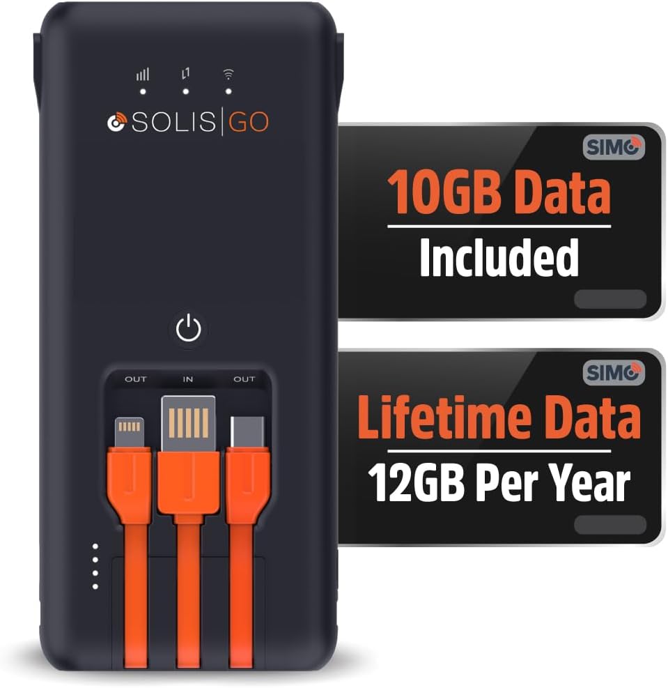 SIMO Solis Go High Speed Mobile Hotspot WiFi Power Bank with Built-in Charging Cables, 140+ Countries, No SIM Card or Contract, Multi-Carrier Network, 20 Devices, 1GB/Month Lifetime + 10GB Global Data