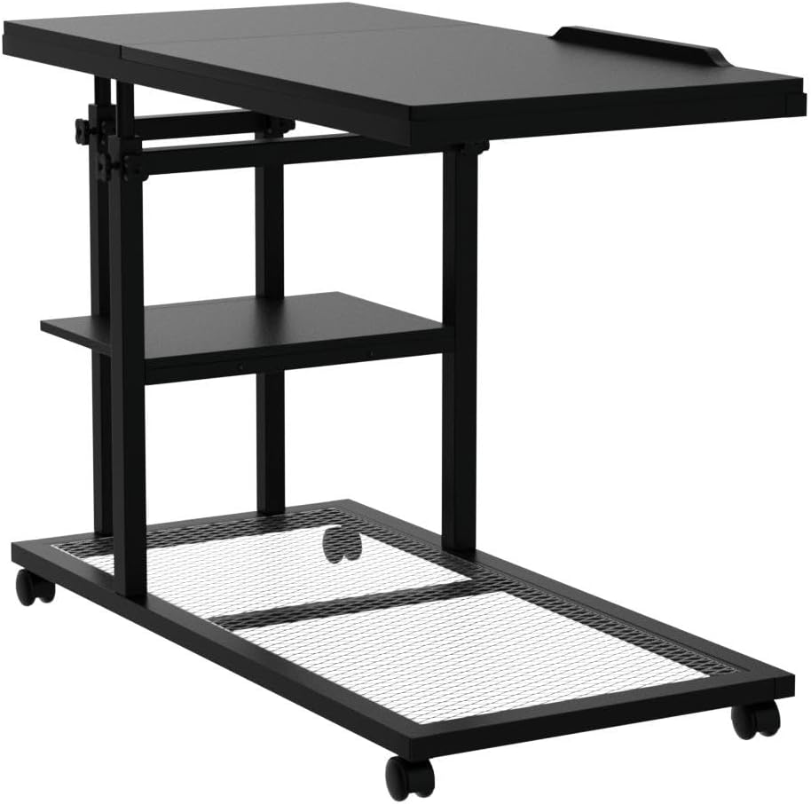 Tribesigns Height Adjustable C Table with Wheels, Mobile Couch Snack Side Table with Tiltable Drawing Board, Sofa Bedside Laptop Stand C Shaped TV Tray with Storage Shelves (Black)