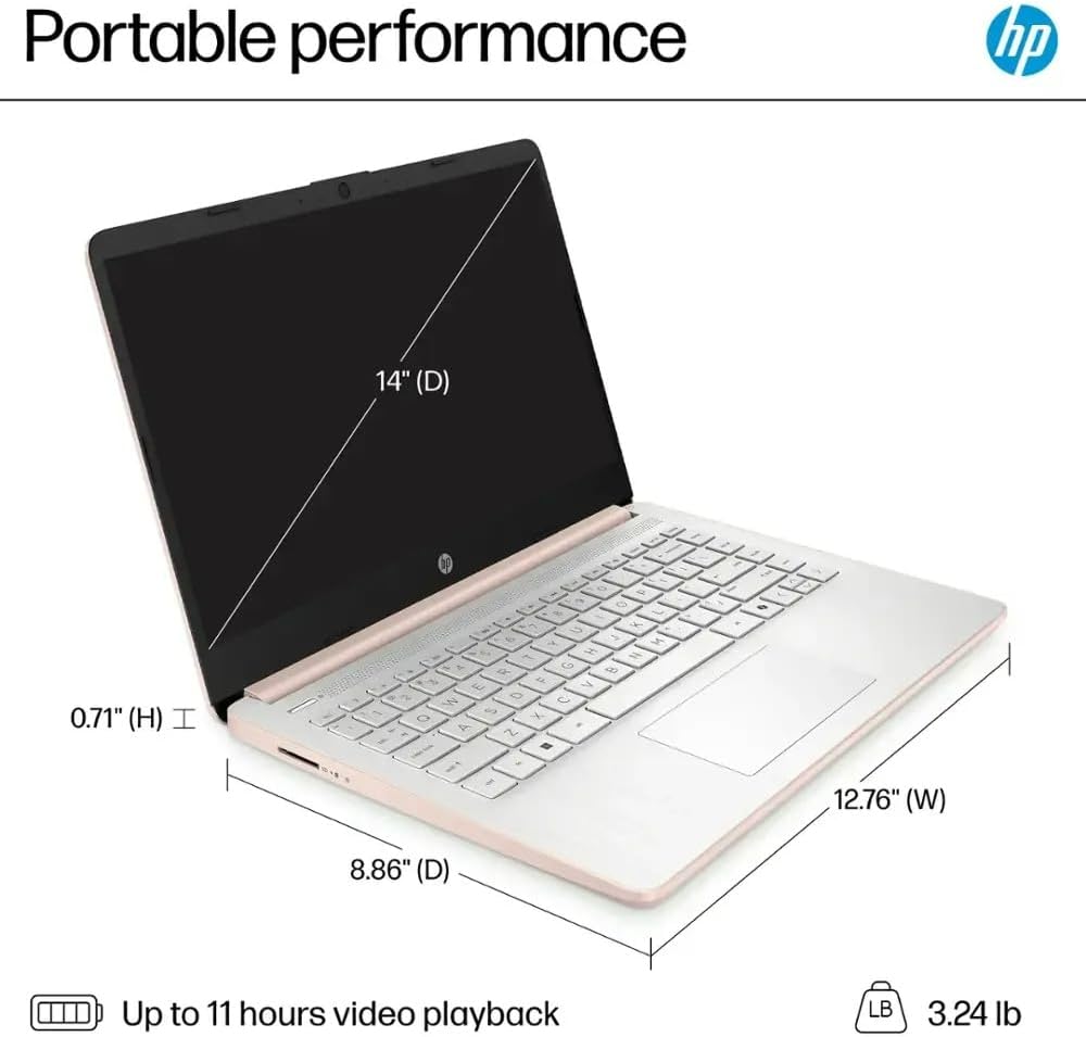 HP Ultra Thin 14' Laptop with Copilot, Intel N150, 8GB RAM, 384GB(128GB eMMC+256GB SD Card) • HUB • Mouse, Windows 11 Pro, 1-Year Office 365, Lightweight Rose Gold Notebook for Work & School