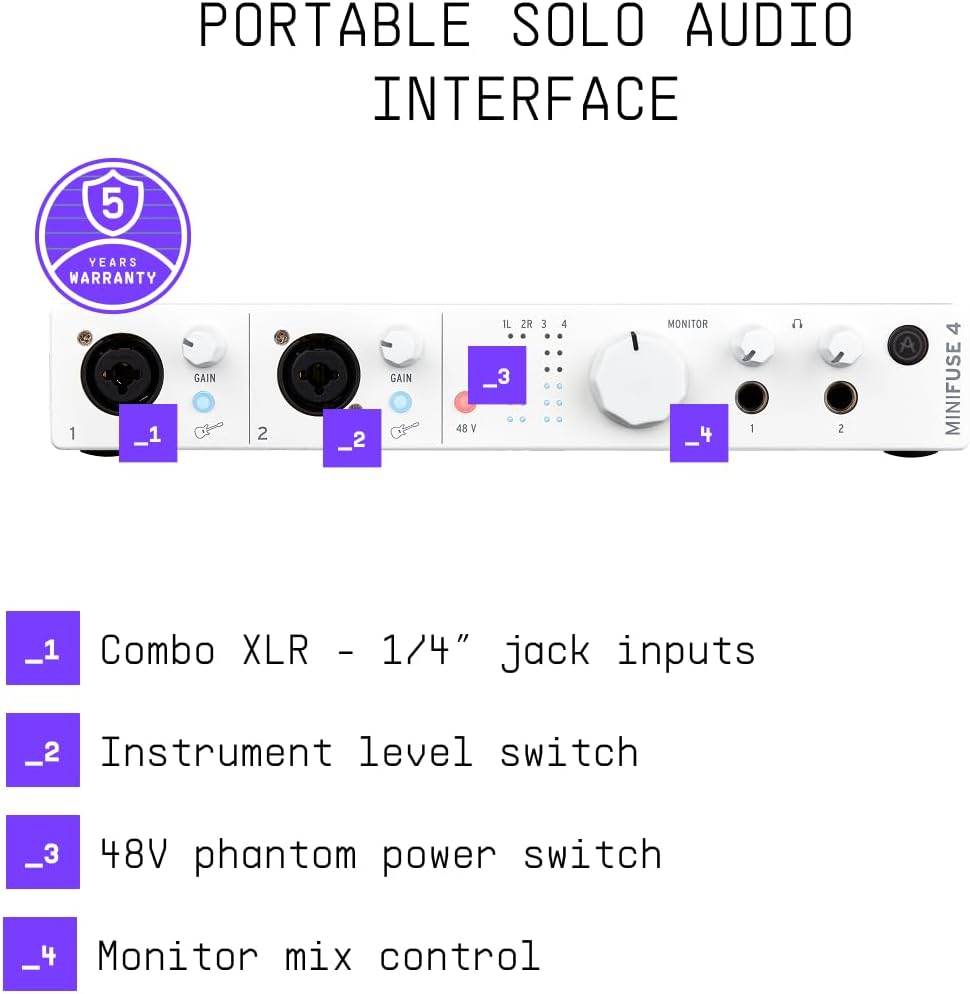 Arturia - MiniFuse 4 - Compact USB Audio & MIDI Interface with Creative Software for Recording, Production, Podcasting, Guitar - White