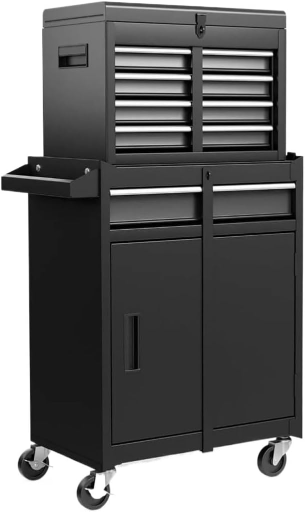 Tool Box Rolling Garage Workshop Tool Organizer with Detachable 5 Drawer Tool Chest, Drawer Liners and Wheels - Tool Organizer Box for Garage, Warehouse & Repair Shop Tool Storage(Black)