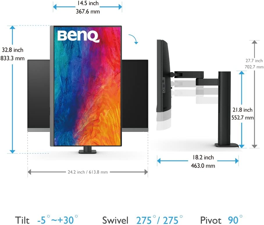 BenQ PD2706UA 27-inch Ergo Arm 4K UHD Monitor, USB-C, P3, DisplayHDR 400, IPS, Factory-Calibrated, DualView, Darkroom & Animation Modes, CAD/CAM & ePaper Modes, Hotkey Puck G2, KVM