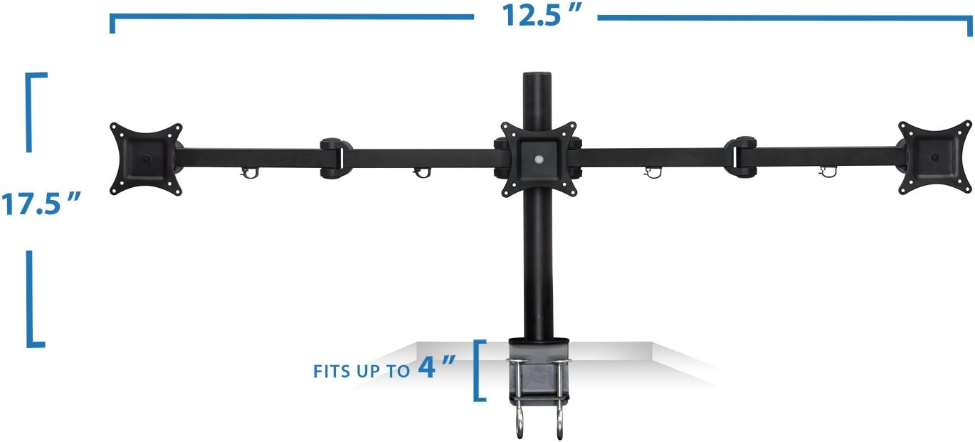 Mount-It! Triple Monitor Mount | 3 Monitor Desk Stand | Fits Three Computer Screens 19 20 21 22 23 24 Inches | C-Clamp Base | Heavy Duty Full Motion Tri Arms | VESA 75 100 Compatible